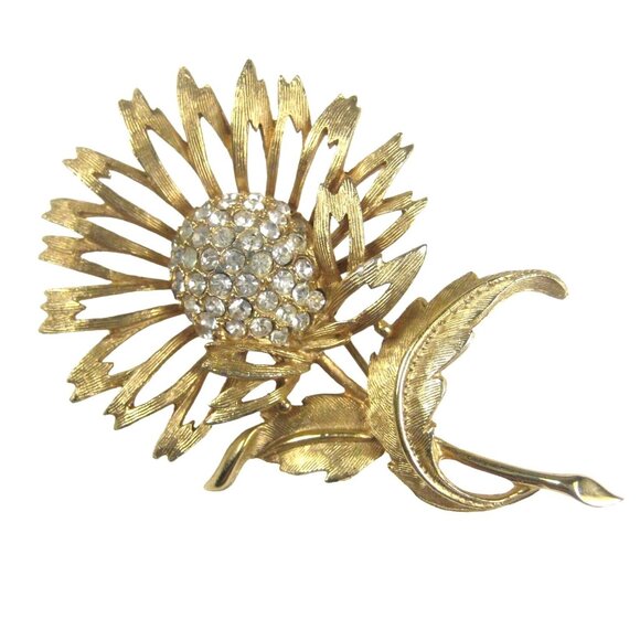 Vintage Charel Goldtone Sunflower Brooch Rhinestones Flower Pin 3 In Statement - Picture 1 of 7